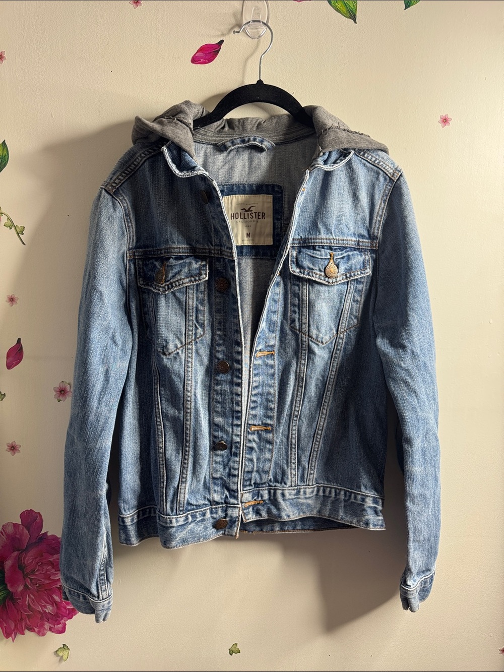Hollister Light Denim Jean Jacket with Grey Hooded Lining